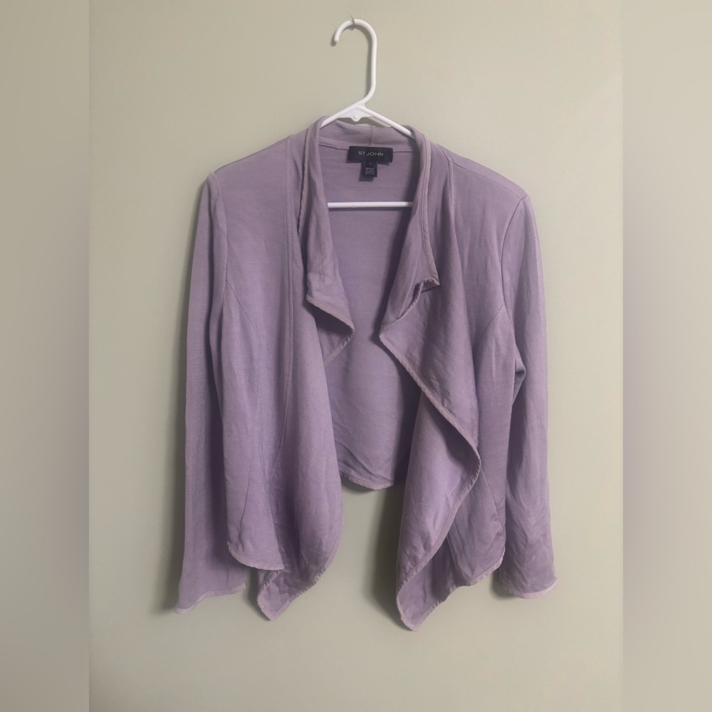 St John Drape Front Waterfall Jacket Size 14 Wool Silk Lilac Purple Quiet Luxury